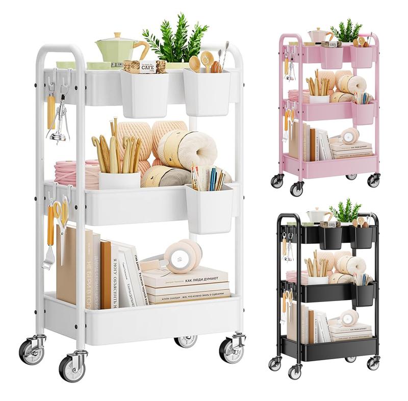 3er/4to piso Carrito de Servicio Multifuncional con 2/3 Compartimentos y 4 Ganchos Almacenamiento de Metal Resistente Fácil de Montar Ideal para Oficina Cocina Baño y Salón