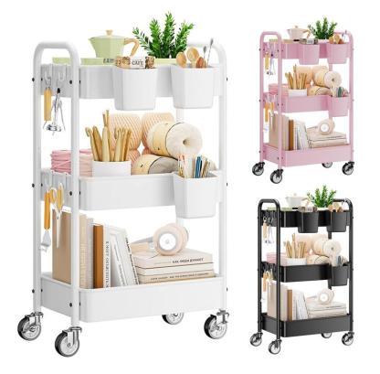 3er/4to piso Carrito de Servicio Multifuncional con 2/3 Compartimentos y 4 Ganchos Almacenamiento de Metal Resistente Fácil de Montar Ideal para Oficina Cocina Baño y Salón