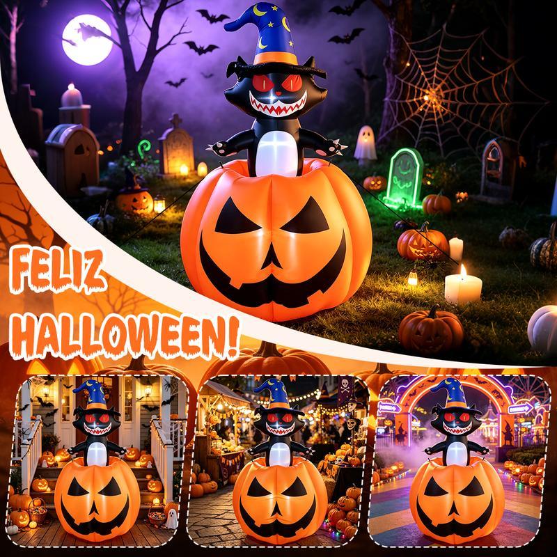 Inflable de Halloween 1.8M, Gato Bruja con Calabaza y Luz LED, Decoración Inflable con Movimiento Arriba y Abajo, Adorno para Exterior, Patio, Jardín y Césped