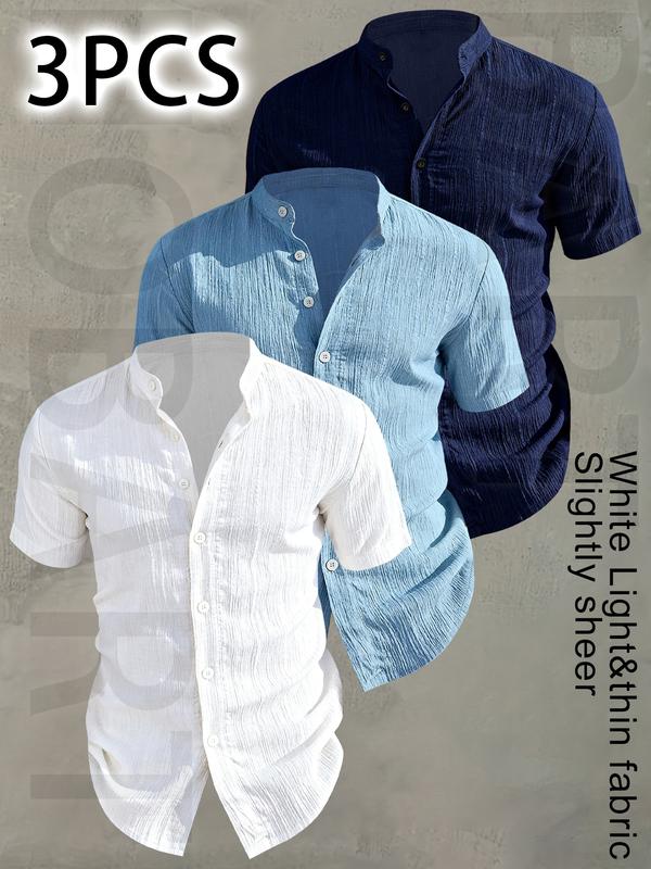 Paquete de 3 camisas para hombre de verano con manga corta — ligeras y transpirables, color sólido, abotonada, cuello alto, diseño de cuello bajo; ideales para vacaciones playas, fiestas junto piscina y atuendo casual; camisa playa, regalo para esposo.