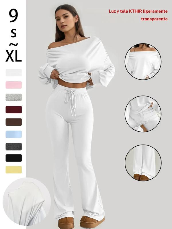One Shoulder Long Sleeve Loose Crop Top and High Waist Drawstring Skinny Vintage Bell Pants, Yoga Fitness Workout, Spring & Fall Casual Style