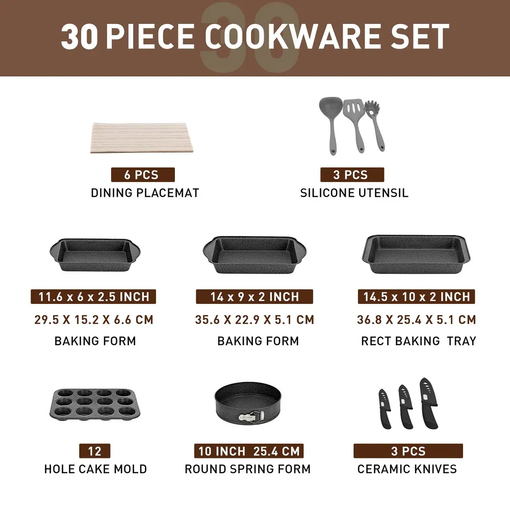 Juego de utensilios de cocina Sweetcrispy de 25 piezas: robusto, antiadherente y con acabado cerámico tipo granito; accesorios de aluminio ligero con tapas de vidrio y asas de tacto frío; ollas y sartenes compatibles con inducción para una cocina saludabl