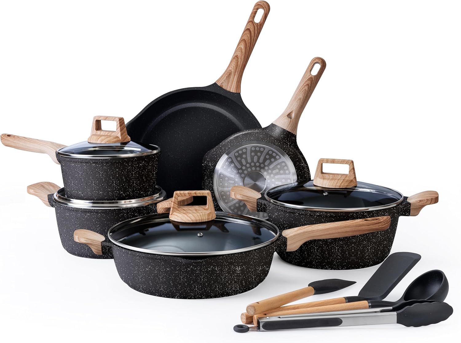 Juego de utensilios de cocina Sweetcrispy de 25 piezas: robusto, antiadherente y con acabado cerámico tipo granito; accesorios de aluminio ligero con tapas de vidrio y asas de tacto frío; ollas y sartenes compatibles con inducción para una cocina saludabl