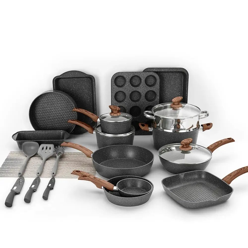 Juego de utensilios de cocina Sweetcrispy de 25 piezas: robusto, antiadherente y con acabado cerámico tipo granito; accesorios de aluminio ligero con tapas de vidrio y asas de tacto frío; ollas y sartenes compatibles con inducción para una cocina saludabl