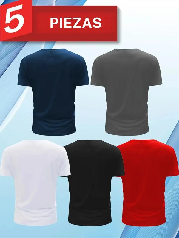 Men's Sport Quick-Dry Short Sleeve T-Shirt Set of 5, Pure Color Round Neck Training Top, Breathable Fast Dry, Gym Essential