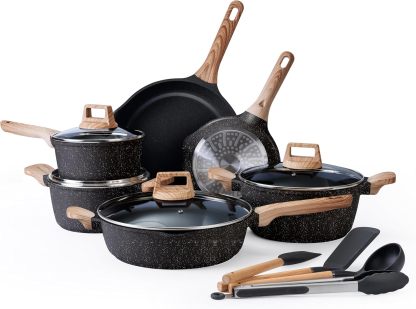 Juego de utensilios de cocina Sweetcrispy de 25 piezas: robusto, antiadherente y con acabado cerámico tipo granito; accesorios de aluminio ligero con tapas de vidrio y asas de tacto frío; ollas y sartenes compatibles con inducción para una cocina saludabl