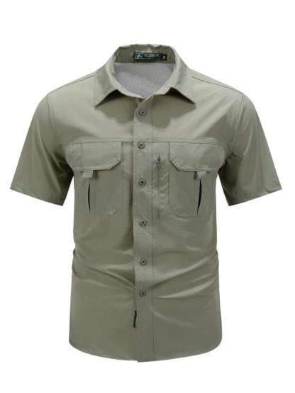 Summer outfit: New men's quick drying tactical short sleeved shirt, outdoor workwear, multi pocket lapel shirt, men's military elastic shirt, men's breathable top T-shirt, Casual Button-Front Shirt with Collar