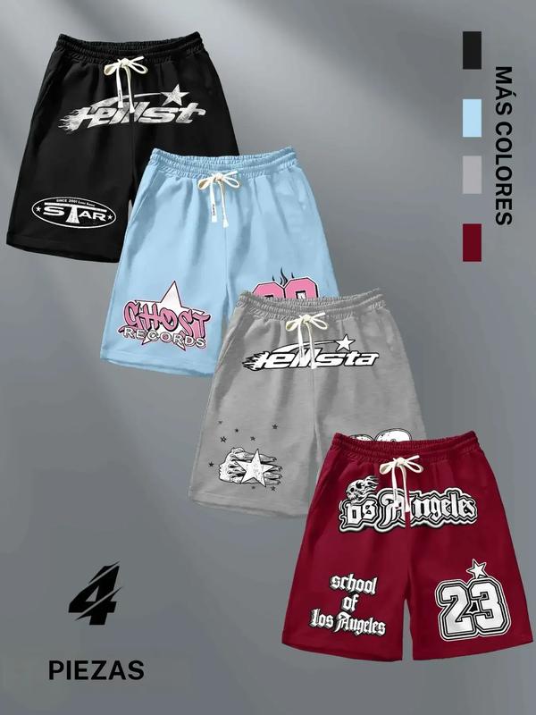 4-Pack Men's Retro Streetwear Graphic Shorts, Trendy Urban Graffiti Style, Soft Breathable Premium Fabric, Ideal for Street Fashion Enthusiasts & Casual Wear Fans, Daily Leisure, Outdoor Activities & Trendy Looks Celebrating Bold City Vibes