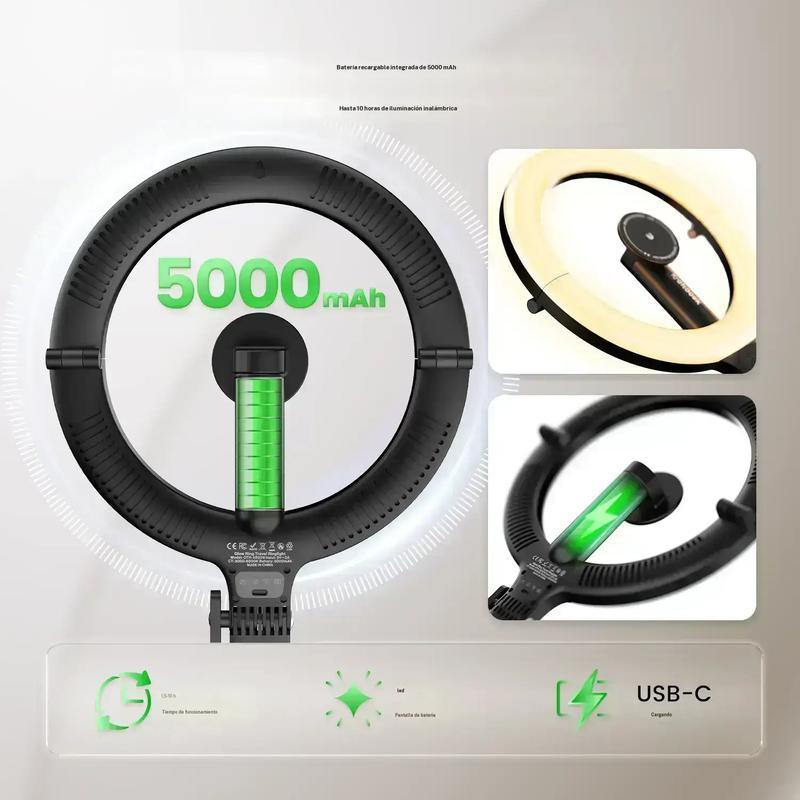 KraftGeek Glow Ring Anillo de luz portátil con Soporte para trípode, Solo toque para abrir 76 '' 2 en 1 Trípode invisible para selfies Stick Accesorio magnético, Recarga incorporada de 5000 mAh, 3 modos de luz y 10 baterías nivelables de brillo