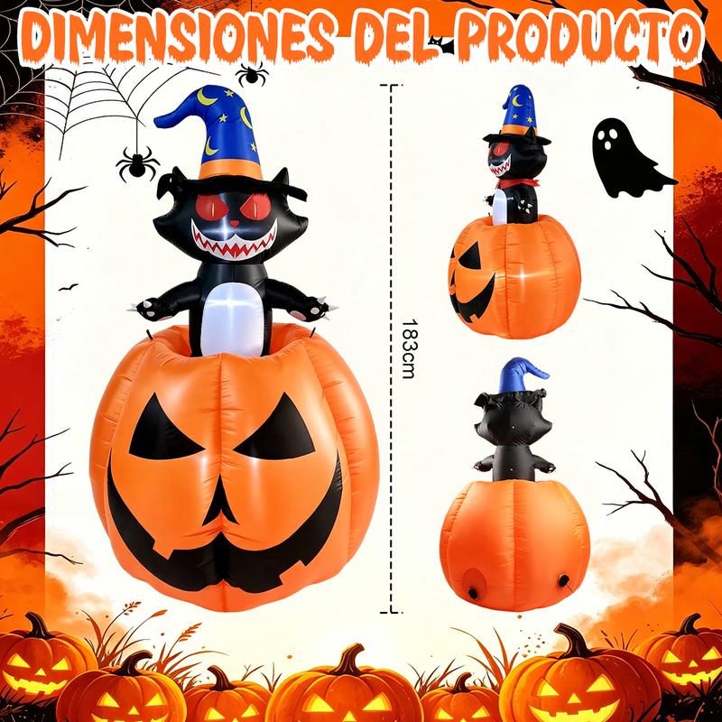 Inflable de Halloween 1.8M, Gato Bruja con Calabaza y Luz LED, Decoración Inflable con Movimiento Arriba y Abajo, Adorno para Exterior, Patio, Jardín y Césped