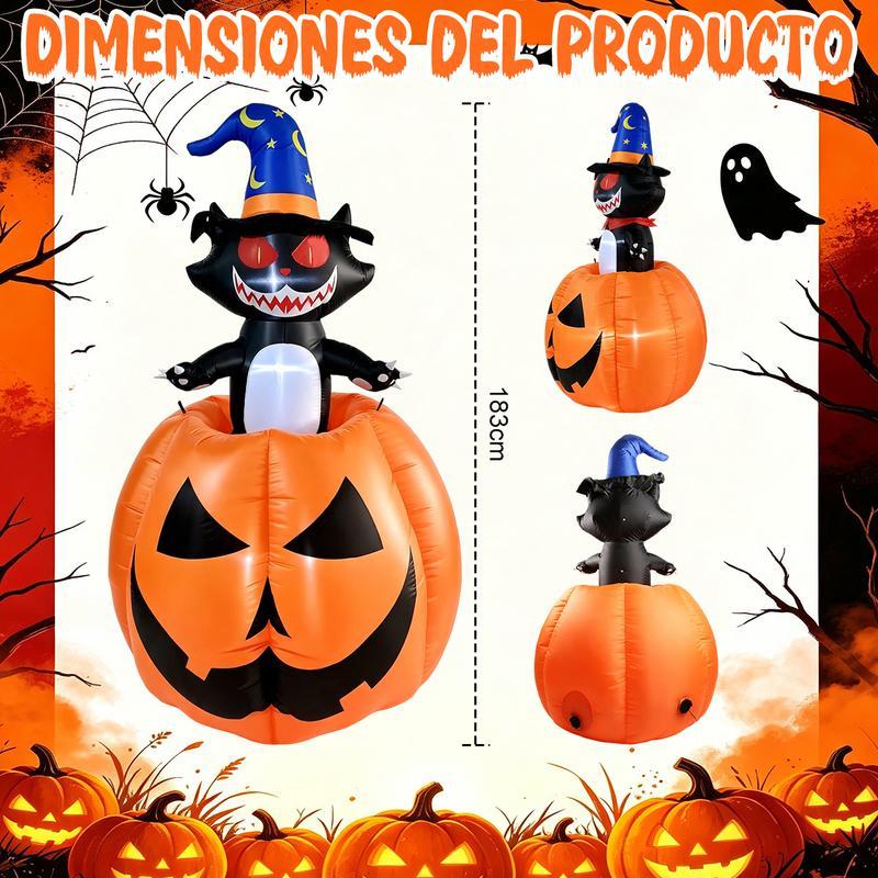 Inflable de Halloween 1.8M, Gato Bruja con Calabaza y Luz LED, Decoración Inflable con Movimiento Arriba y Abajo, Adorno para Exterior, Patio, Jardín y Césped