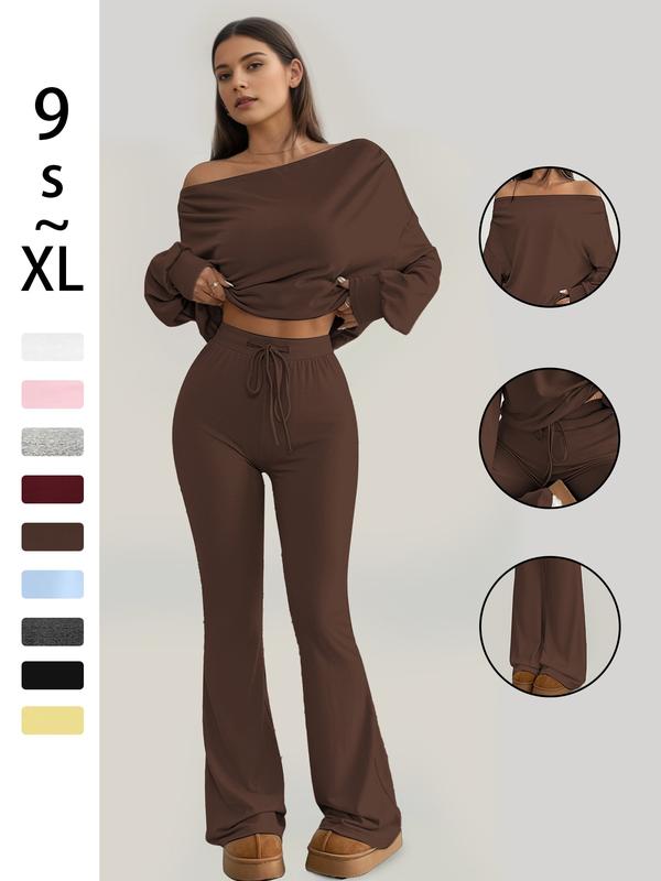 One Shoulder Long Sleeve Loose Crop Top and High Waist Drawstring Skinny Vintage Bell Pants, Yoga Fitness Workout, Spring & Fall Casual Style