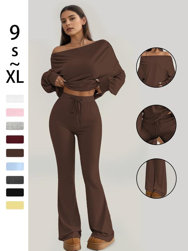 One Shoulder Long Sleeve Loose Crop Top and High Waist Drawstring Skinny Vintage Bell Pants, Yoga Fitness Workout, Spring & Fall Casual Style