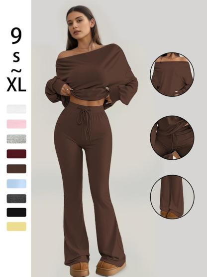 One Shoulder Long Sleeve Loose Crop Top and High Waist Drawstring Skinny Vintage Bell Pants, Yoga Fitness Workout, Spring & Fall Casual Style