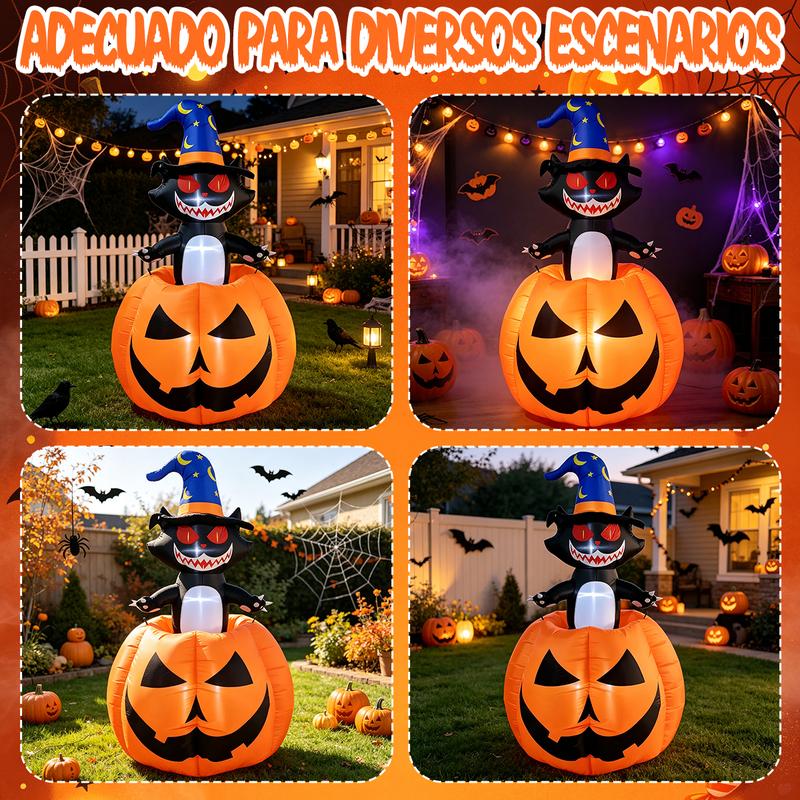 Inflable de Halloween 1.8M, Gato Bruja con Calabaza y Luz LED, Decoración Inflable con Movimiento Arriba y Abajo, Adorno para Exterior, Patio, Jardín y Césped