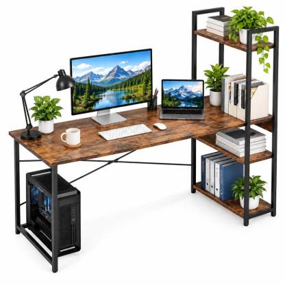 Escritorio para Computadora con Estantería Lateral Integrada, Mesa de Oficina con Amplio Espacio de Trabajo y Estructura Metálica, Estilo Rústico para Hogar, Estudio y Gaming