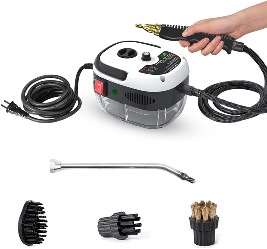 Limpiador de Vapor Portátil 2500W, con 3 Cabezales de Cepillo y 1 Boquilla Curva, Máquina Limpiador de Vapor de Mano Alta Presion Alta Temperatura para Limpieza Cocina, Baño, Coche,
