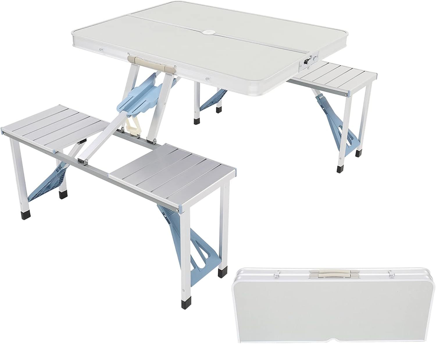 Outvita - Mesa de picnic portátil con asientos, juego de mesa de comedor plegable de una sola pieza con agujero para sombrilla para barbacoa, reuniones, viajes, fiestas, playa, patio