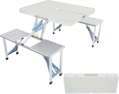 Outvita - Mesa de picnic portátil con asientos, juego de mesa de comedor plegable de una sola pieza con agujero para sombrilla para barbacoa, reuniones, viajes, fiestas, playa, patio