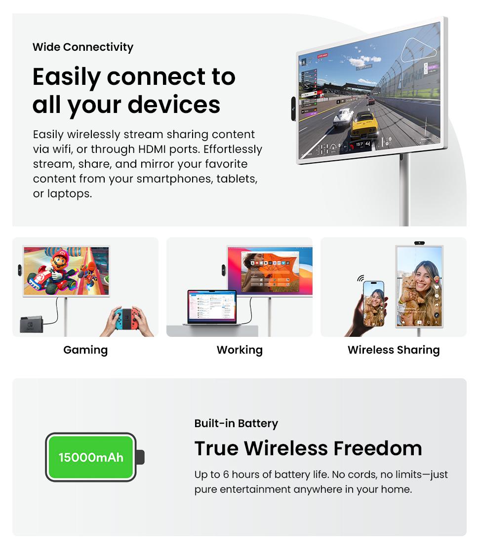 2026 Apolosign New 15000mAh Built in Battery Upgrade, Gen 2 Portable 32" 4K UHD Smart TV Tablet, Android 16, Touchscreen Display, 16GB RAM + 256GB Storage, WiFi 6, Voice Remote, Google Play, 6H Wireless Viewing