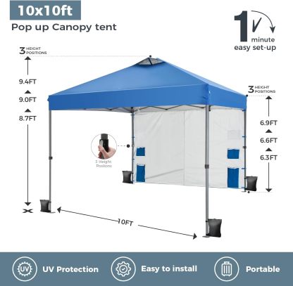 Green Party - Tienda de campaña desplegable de 10 x 10 pulgadas con 1 pared lateral y 6 bolsillos, un toldo instantáneo Ootdoor con techo ventilado y bolsa de transporte con ruedas para patio,