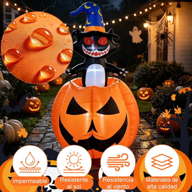 Inflable de Halloween 1.8M, Gato Bruja con Calabaza y Luz LED, Decoración Inflable con Movimiento Arriba y Abajo, Adorno para Exterior, Patio, Jardín y Césped