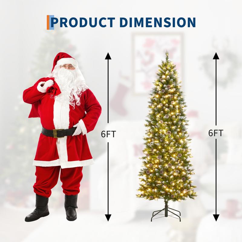 Árbol de Navidad artificial preiluminado tipo lápiz de 1,8 m (6 pies) con luces LED integradas, flocado con piñas y soporte metálico para decoración navideña