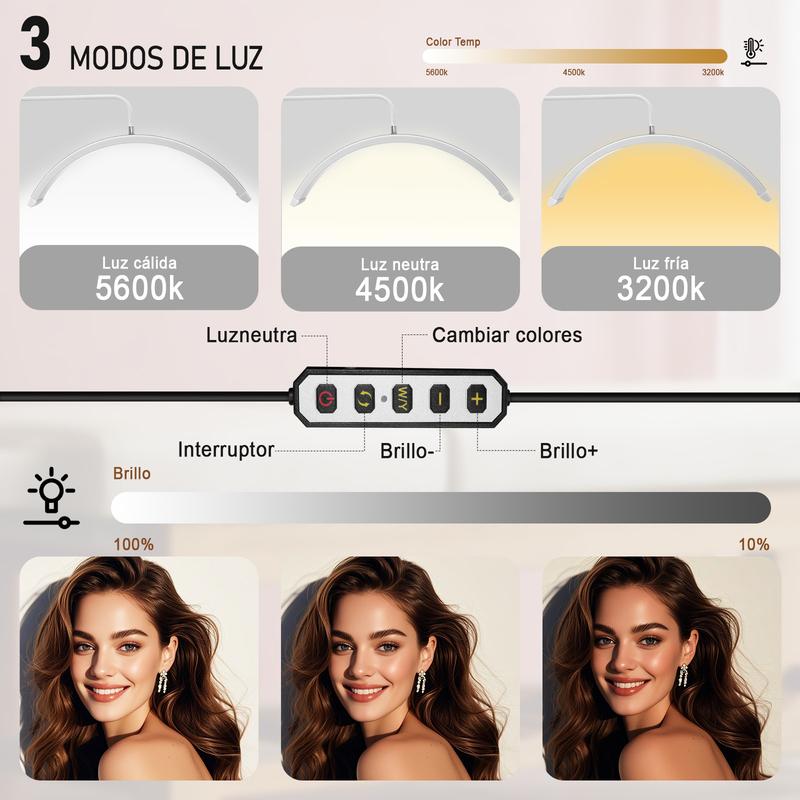 LUPITA Lámpara LED Semicircular Profesional | 360° Rotación | Altura Ajustable | Luz 3 Colores | Para Pestañas, Cejas, Tatuaje y Manicura