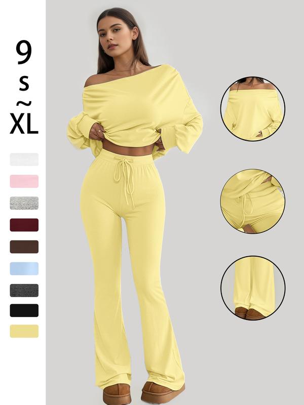 One Shoulder Long Sleeve Loose Crop Top and High Waist Drawstring Skinny Vintage Bell Pants, Yoga Fitness Workout, Spring & Fall Casual Style