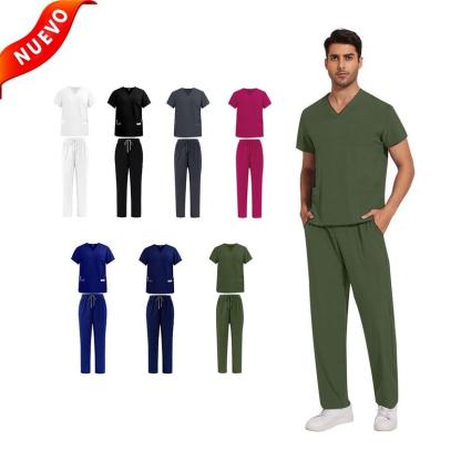 JELRISOFIT Conjunto Médico Hombre Antifluidos, Uniforme de Trabajo con Camisa Cuello V, Tela Elástica y Transpirable, 4 Bolsillos Funcionales, Pantalón Jogger con Bolsas Cargo, Ropa Profesional Cómoda para Clínica, Laboratorio, Enfermero Camiseta Interior