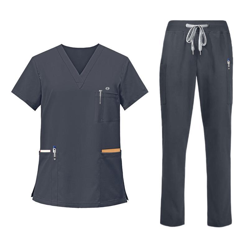 JELRISOFIT Conjunto Médico Hombre Antifluidos, Uniforme de Trabajo con Camisa Cuello V, Tela Elástica y Transpirable, 4 Bolsillos Funcionales, Pantalón Jogger con Bolsas Cargo, Ropa Profesional Cómoda para Clínica, Laboratorio, Enfermero Camiseta Interior