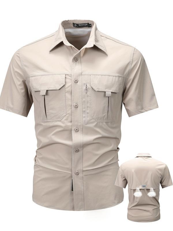 Summer outfit: New men's quick drying tactical short sleeved shirt, outdoor workwear, multi pocket lapel shirt, men's military elastic shirt, men's breathable top T-shirt, Casual Button-Front Shirt with Collar
