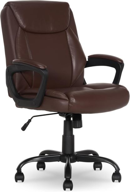 Amazon Basics Silla de escritorio acolchada de poliuretano Classic Puresoft con respaldo medio, para oficina, con reposabrazos, color marrón