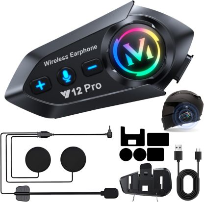 BOJOOM intercomunicador para Casco de Moto con MicróFono,Auricular Bluetooth 5.4 IPX6,Manos Libres Bluetooth de Motocicleta,Puede Conectar Dos Dispositivos al Mismo Tiempo,Asistente de Voz con AI