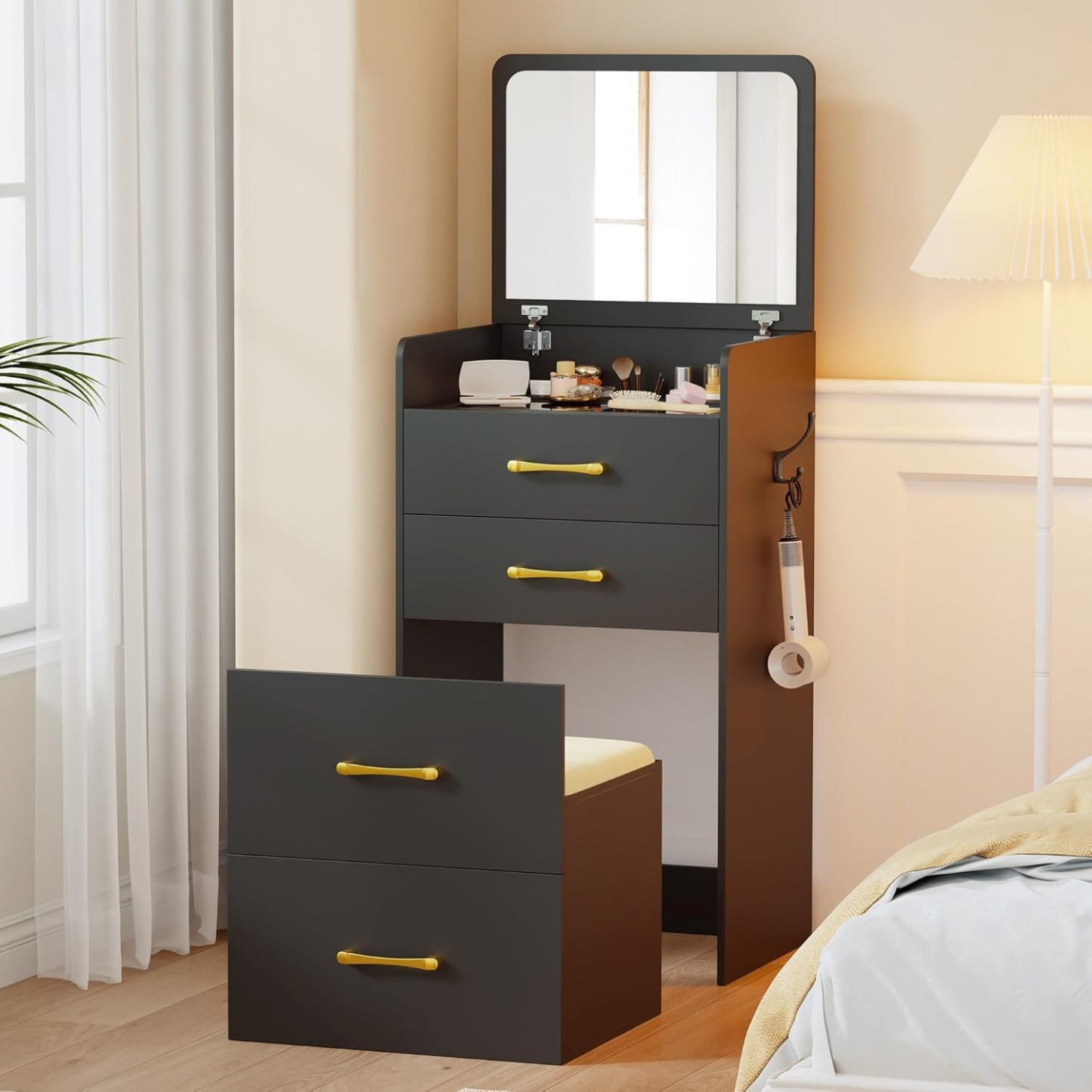UNKKS Tocador Vanity con Espejo y Escritorio de Cristal Visual para Maquillaje Madera Escritorio con Taburete de Maquillaje y 3 Cajones y Armario de Almacenamiento 40X50X90CM(Negro)