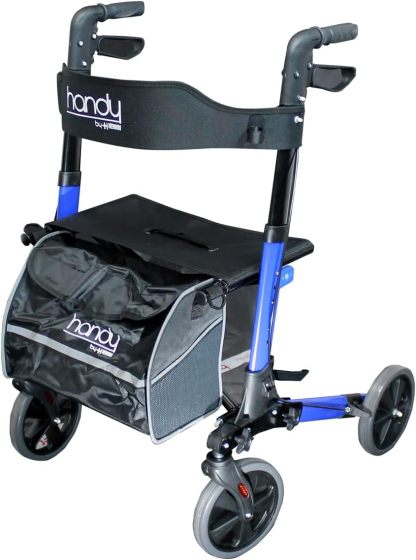 Handy AN01 Andadera Plegable con Ruedas y Asiento, Altura Ajustable, Porta Bastón, Frenos, Respaldo y Bolsa, Soporta Hasta 136 Kg, Para Adultos y Personas Mayores