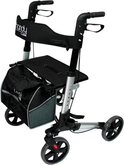 Handy AN01 Andadera Plegable con Ruedas y Asiento, Altura Ajustable, Porta Bastón, Frenos, Respaldo y Bolsa, Soporta Hasta 136 Kg, Para Adultos y Personas Mayores