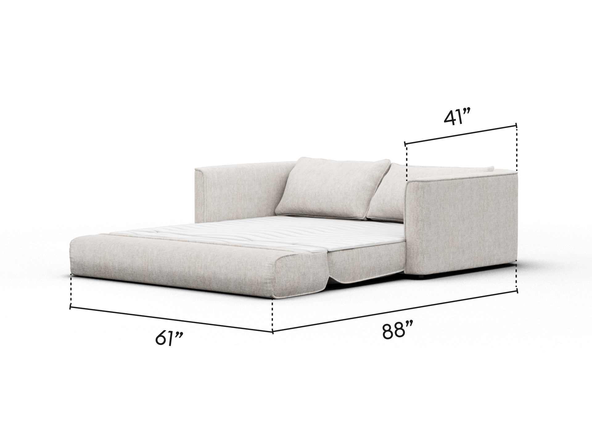 Luxurious sofa bed in soft beige fabric, featuring plush cushions and wide armrests. Sleek design with hidden bed frame, ideal for a modern living room.