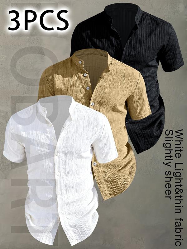 Paquete de 3 camisas para hombre de verano con manga corta — ligeras y transpirables, color sólido, abotonada, cuello alto, diseño de cuello bajo; ideales para vacaciones playas, fiestas junto piscina y atuendo casual; camisa playa, regalo para esposo.