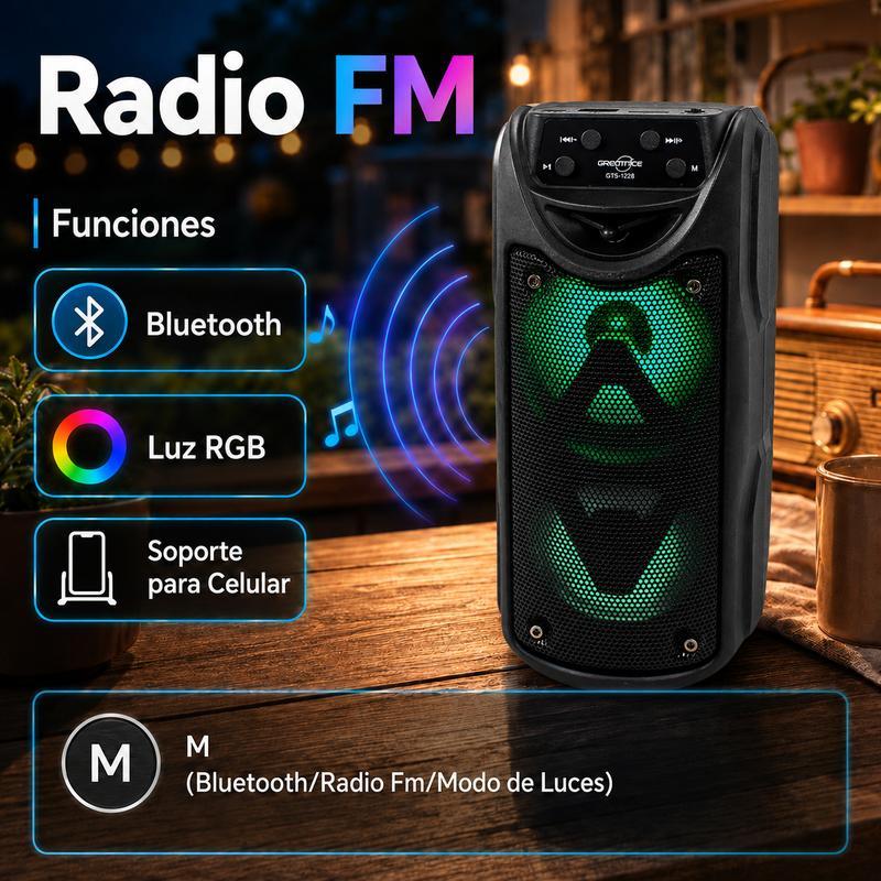 Bocina Bluetooth Portátil Doble 3″ x 2 con Luz LED RGB, Radio FM, USB, Micro SD (Hasta 32 GB), Controles Integrados e Incluye Cable de Carga V8/USB