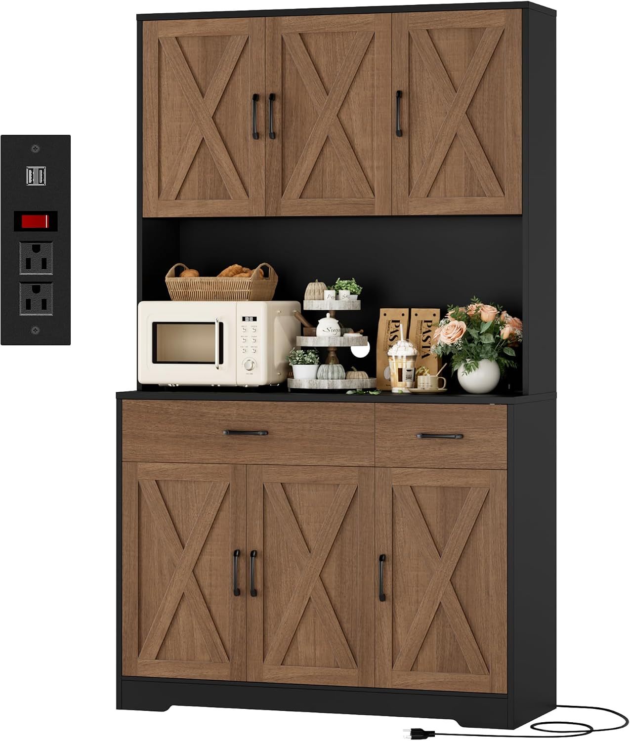HOSTACK - clóset de despensa de 71 pulgadas con estación de carga, clóset de almacenamiento alto con soporte para microondas, clóset de cocina de granja con cajones de almacenamiento para sala de