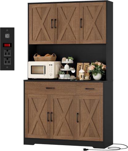 HOSTACK - clóset de despensa de 71 pulgadas con estación de carga, clóset de almacenamiento alto con soporte para microondas, clóset de cocina de granja con cajones de almacenamiento para sala de