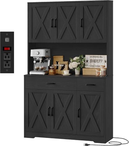 HOSTACK - clóset de despensa de 71 pulgadas con estación de carga, clóset de almacenamiento alto con soporte para microondas, clóset de cocina de granja con cajones de almacenamiento para sala de