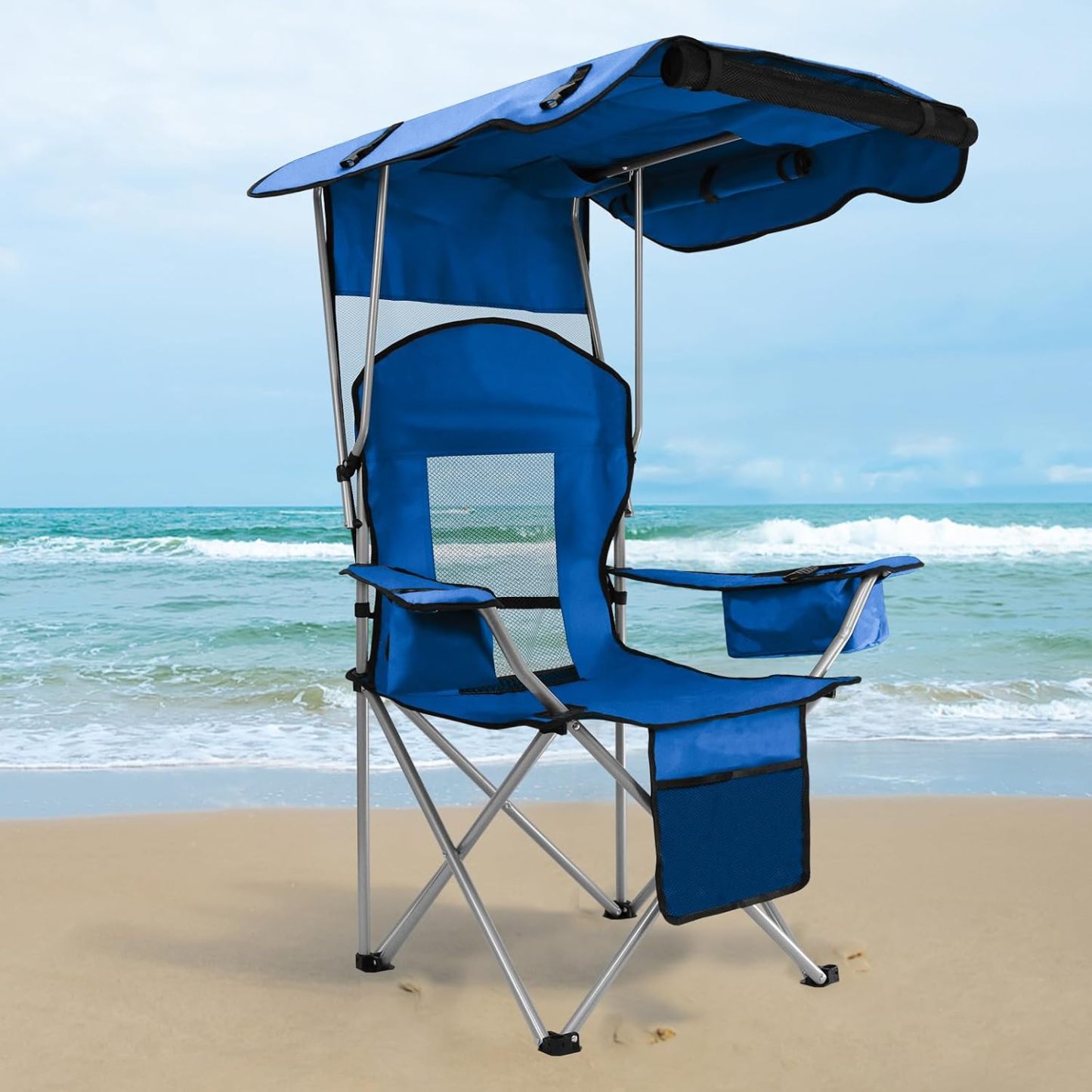 Silla de playa con toldo, silla de camping portátil con soporte de toldo de hasta 350 libras, parasol plegable con soporte para tazas y bolsa de transporte para viajes al aire última