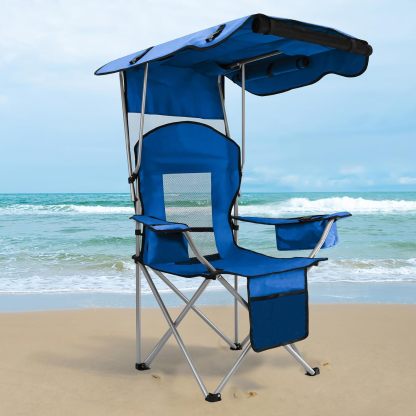 Silla de playa con toldo, silla de camping portátil con soporte de toldo de hasta 350 libras, parasol plegable con soporte para tazas y bolsa de transporte para viajes al aire última