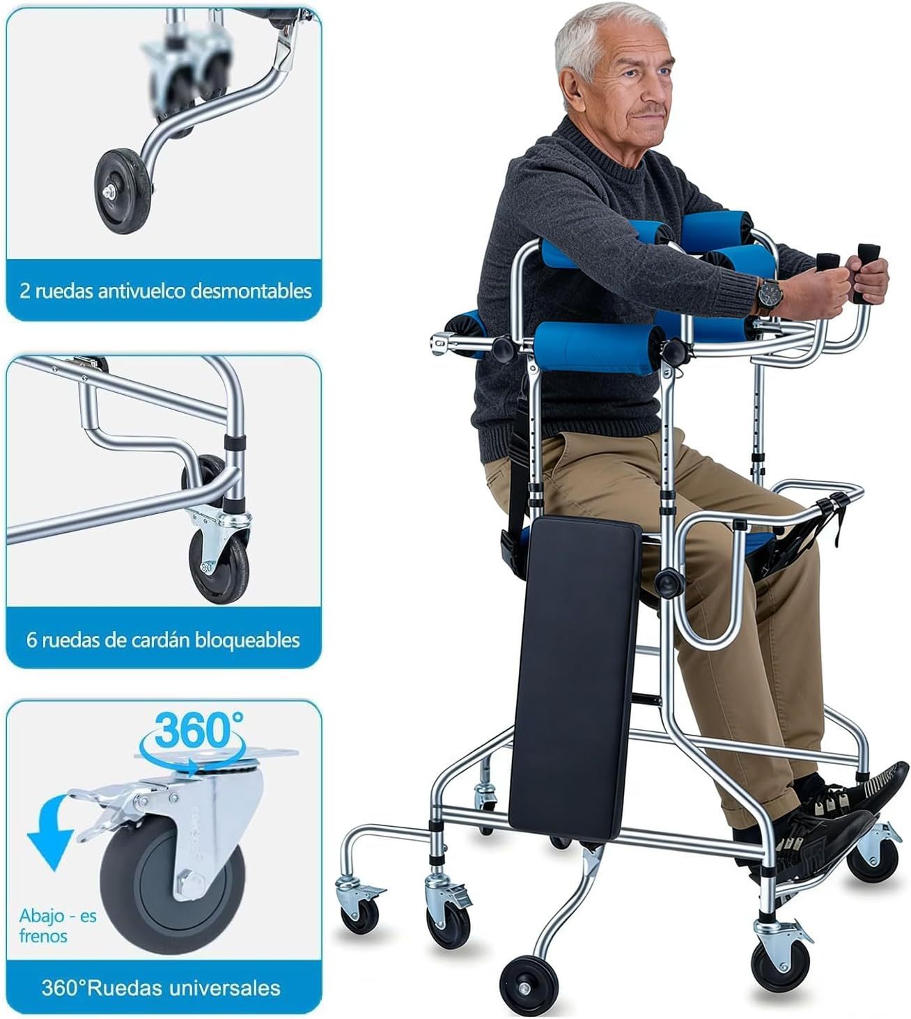 Andadera para Adulto con Asiento,Andador para Adulto Mayor Ajustable en Altura y Ancho,8 Ruedas,Acero Resistente Capacidad 220lbs,Ayuda a Caminar y Rehabilitación