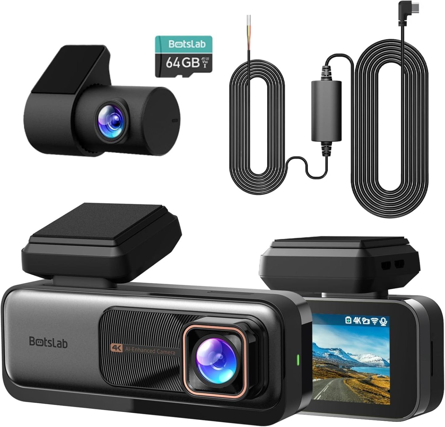 BOTSLAB - Cámara de salpicadero 4K delantera y trasera, cámara de coche ultra ancha de 170°, cámara de salpicadero 4K+2K con ADAS, visión nocturna, modo de estacionamiento 24/7, sensor STARVIS, WDR