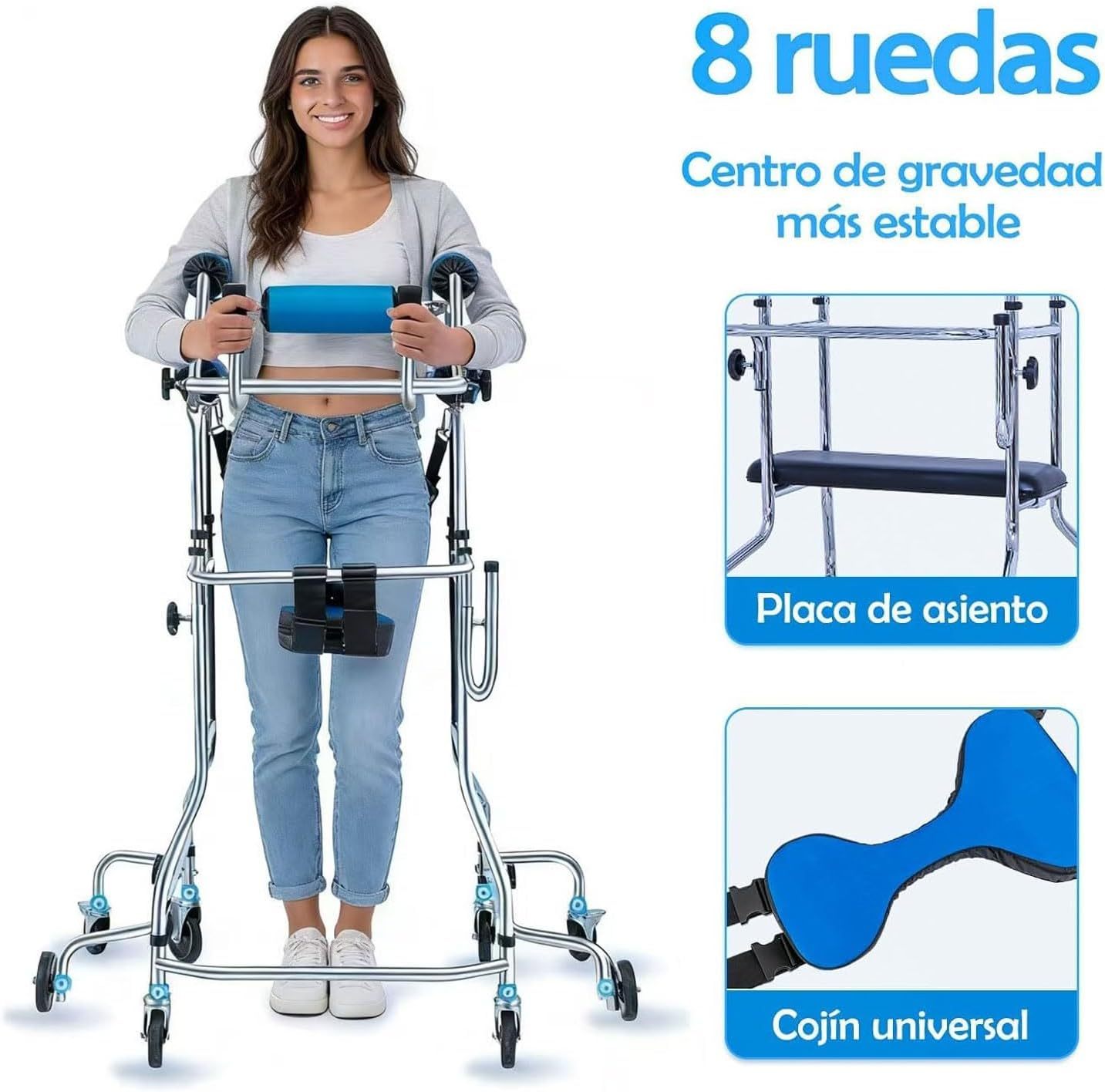 Andadera para Adulto con Asiento,Andador para Adulto Mayor Ajustable en Altura y Ancho,8 Ruedas,Acero Resistente Capacidad 220lbs,Ayuda a Caminar y Rehabilitación