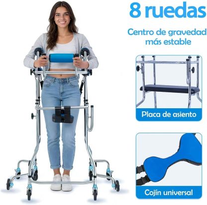 Andadera para Adulto con Asiento,Andador para Adulto Mayor Ajustable en Altura y Ancho,8 Ruedas,Acero Resistente Capacidad 220lbs,Ayuda a Caminar y Rehabilitación