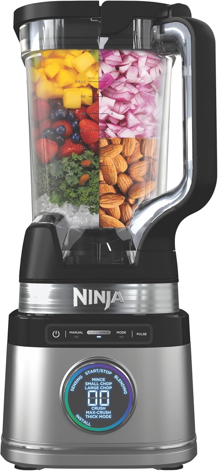 NINJA, Licuadora Detect Power Pro, Capacidad de 72 Oz, Ideal para Smoothies y Bebidas Congeladas, Procesa Alimentos, 1800 Watts, Tecnología BlendSense, Color Negro y Plateado, TB201